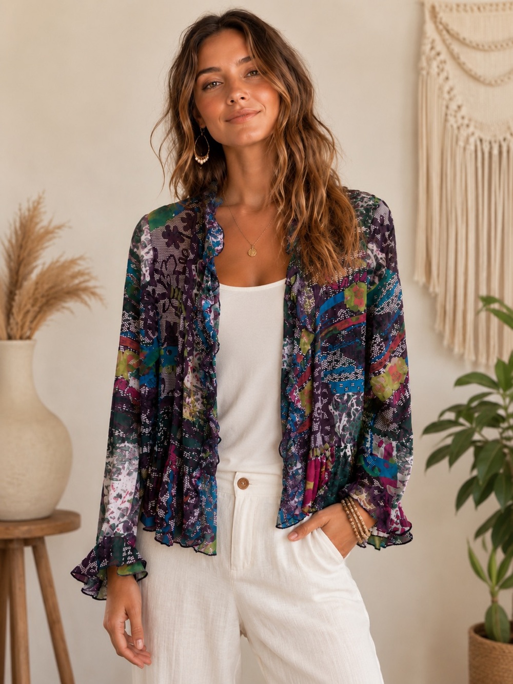 Violet & Claire Multicolor Sheer Ruffle Open-Front Boho Chic Cardigan Blouse